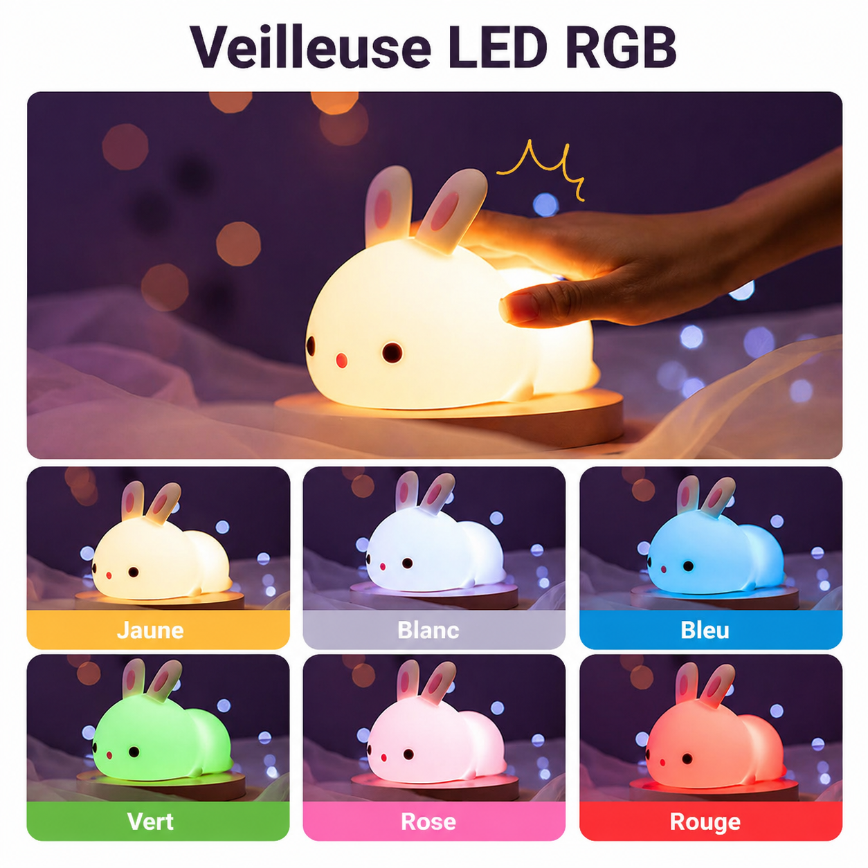 Veilleuse Lapin LED RGB Tactile (16 Couleurs) – Image 2