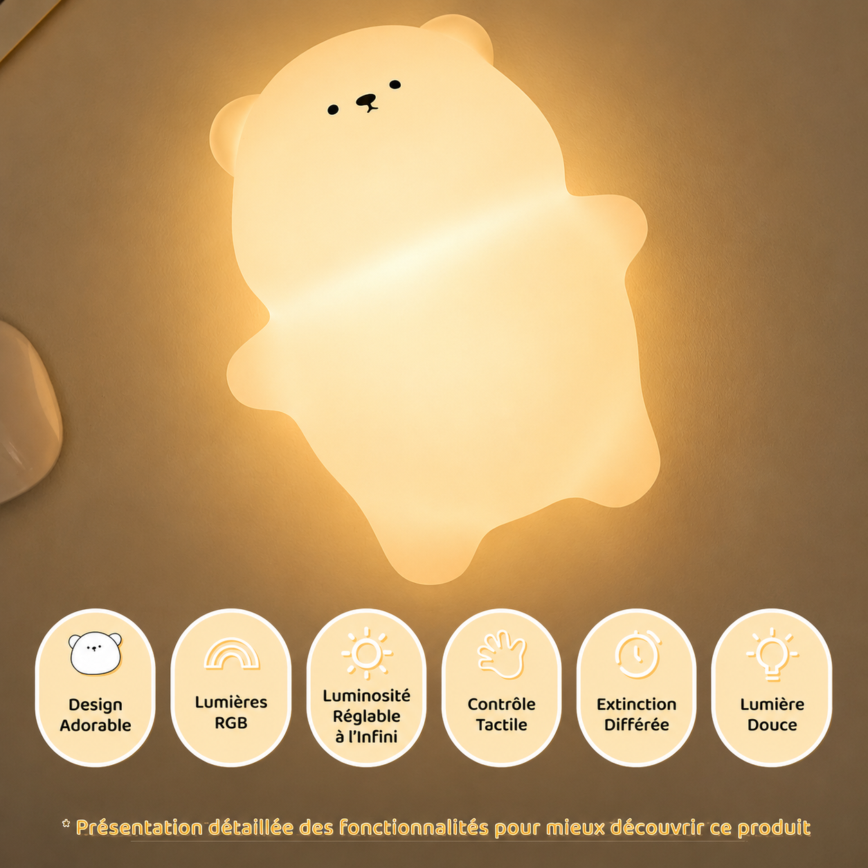Veilleuse Ours – Silicone Souple, Tactile avec Couleurs Changeantes – Image 3