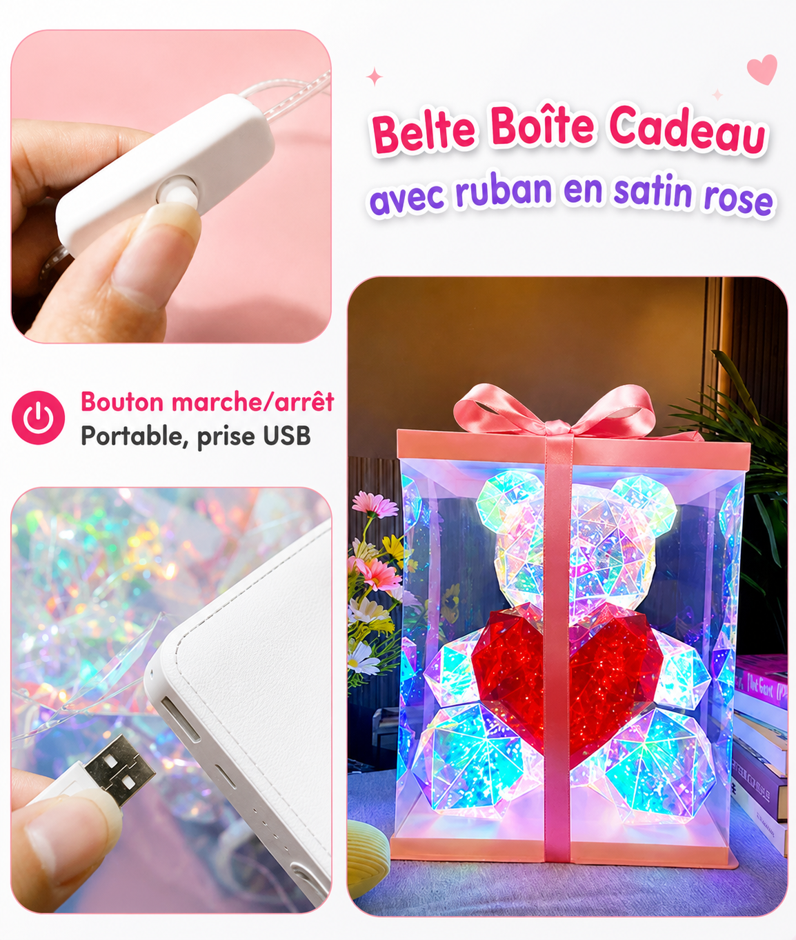 Ours Lumineux Cristal "Éclat Romantique" – Ours 3D LED – Image 4