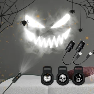 Projecteur LED Halloween – 3 Scènes Interchangeables (Fantômes, Crânes, Empreintes)
